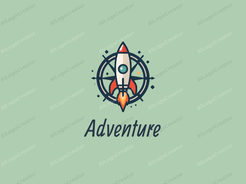 playful design features a stylized compass and rocket intertwined with elements of adventure and exploration, combined with a clean green background.