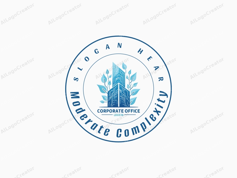 a modern design featuring a stylized corporate office silhouette intertwined with leaves and circuit patterns, using a blue color palette, combined with a clean and minimalistic background.