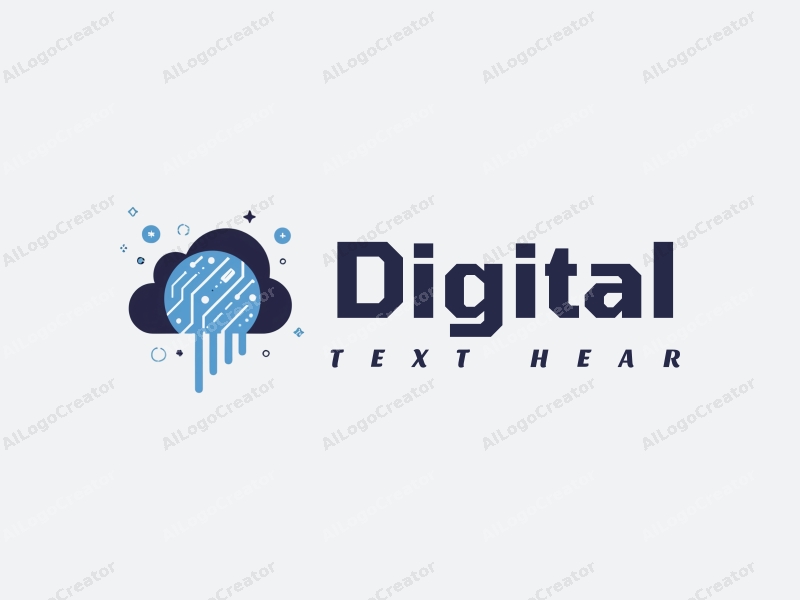 a modern minimalist design featuring digital elements, stylized circuit patterns, and cloud shapes, combined with a clean background in blue and black colors.