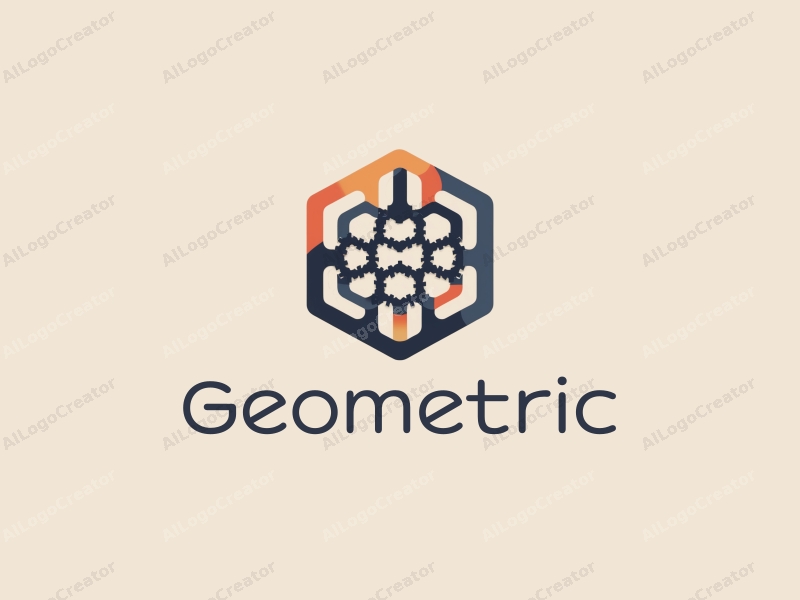 geometric design features a combination of squares and circles, integrated with a stylized computer and gear elements, creating a harmonious and clean composition.