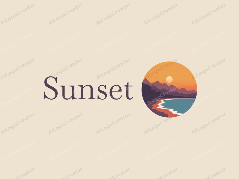 vintage design features a stylized sunset over a coastline with mountains in the background, using a harmonious blend of orange and purple colors, combined with a clean and simple layout.