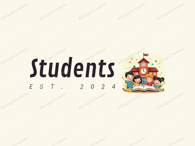 playful design features cheerful students, a stylized school building, open books, and pencils arranged harmoniously with a vibrant background.