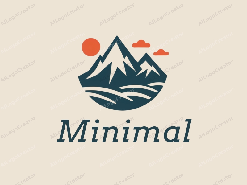 minimalist design features stylized mountains and clouds, a clean and simple composition, combined with a tag style approach and a harmonious background.