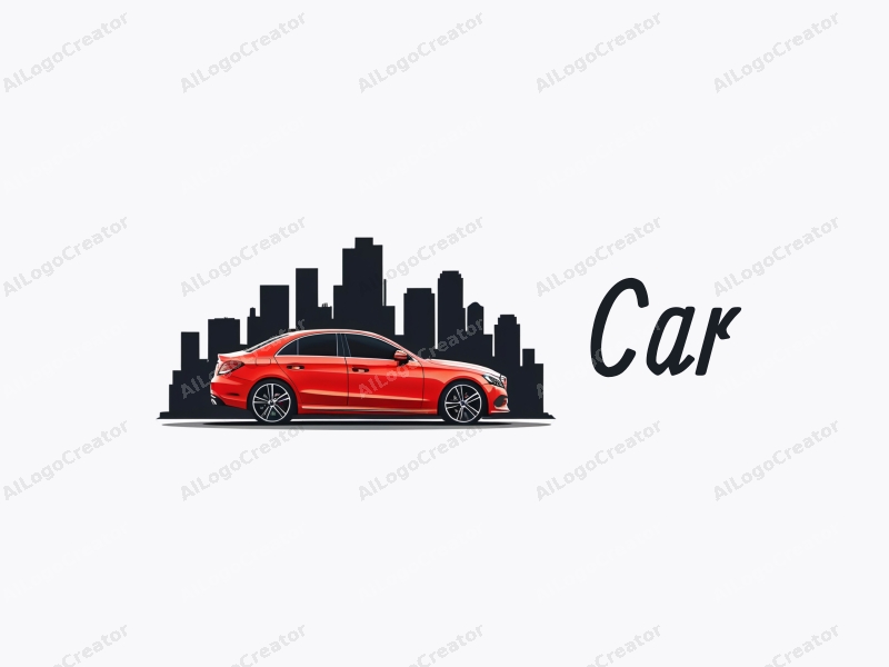 modern design features a sleek red sedan silhouette against a black city skyline, incorporating a clean and simple composition with a focus on harmony and abstraction.