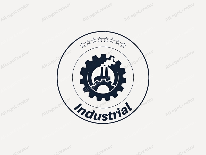 modern design features a stylized factory silhouette, interlocking gears, and a tunnel shape combined with a clean background.