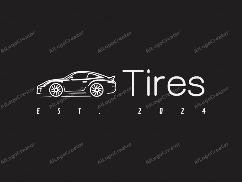 modern design features a stylized tire and car tire silhouette, emphasizing speed with clean lines and a minimalistic approach combined with a solid black background.