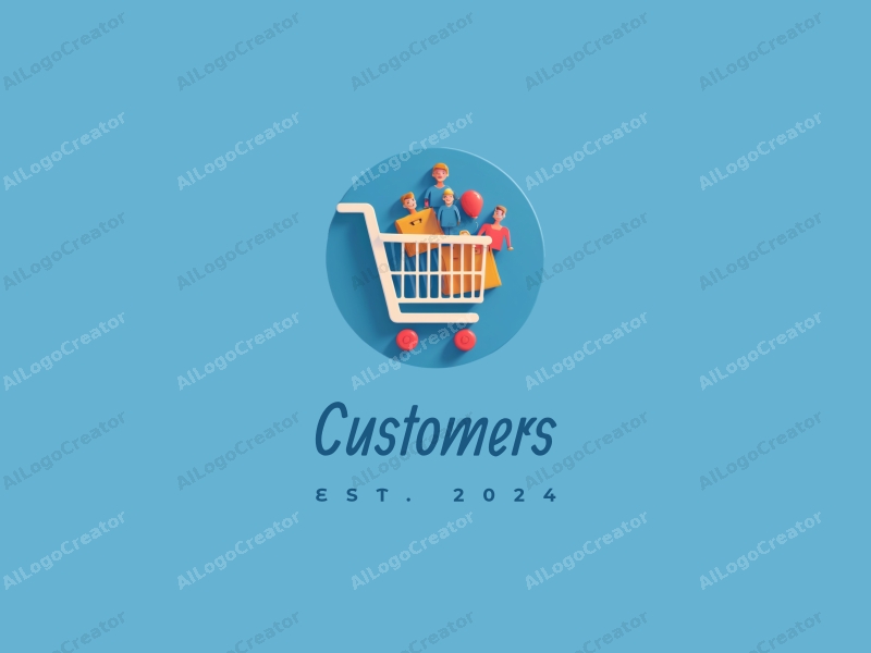 a modern design featuring a stylized shopping cart and shopping bag, with abstract representations of customers and shoppers, combined with a clean blue background.