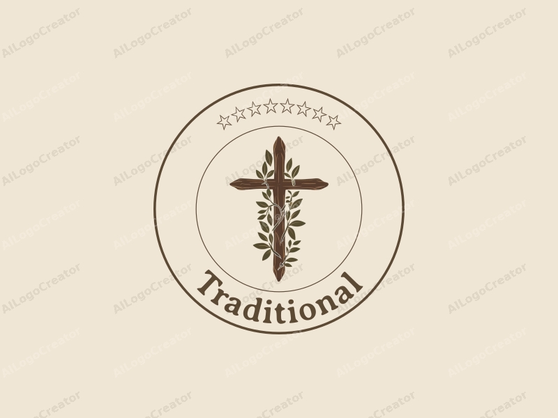 vintage design features a traditional cross intertwined with an olive branch, using a brown and beige color palette, combined with a clean background.