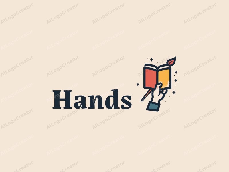 a modern design featuring a hand holding a book and a paintbrush, with a clean background and a focus on simplicity and harmony.