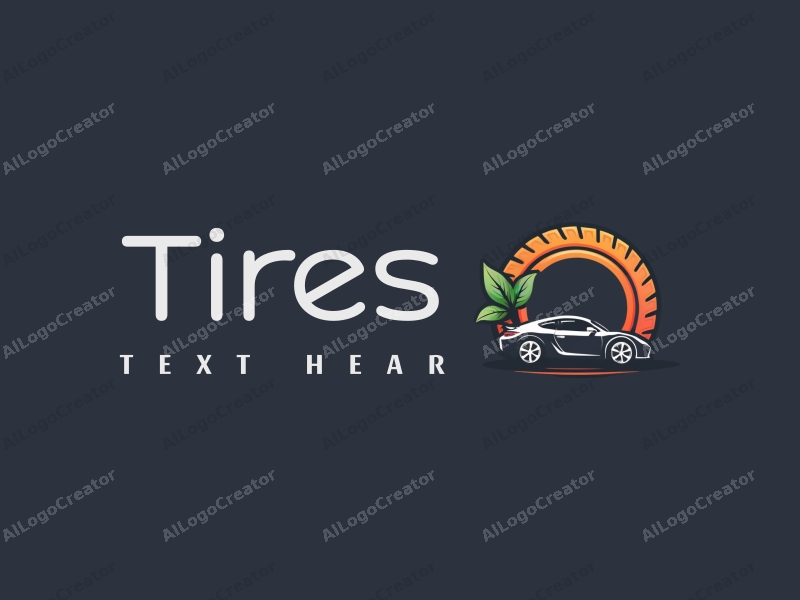 a modern design featuring a stylized tire intertwined with a plant, a sleek car silhouette, combined with a clean background.