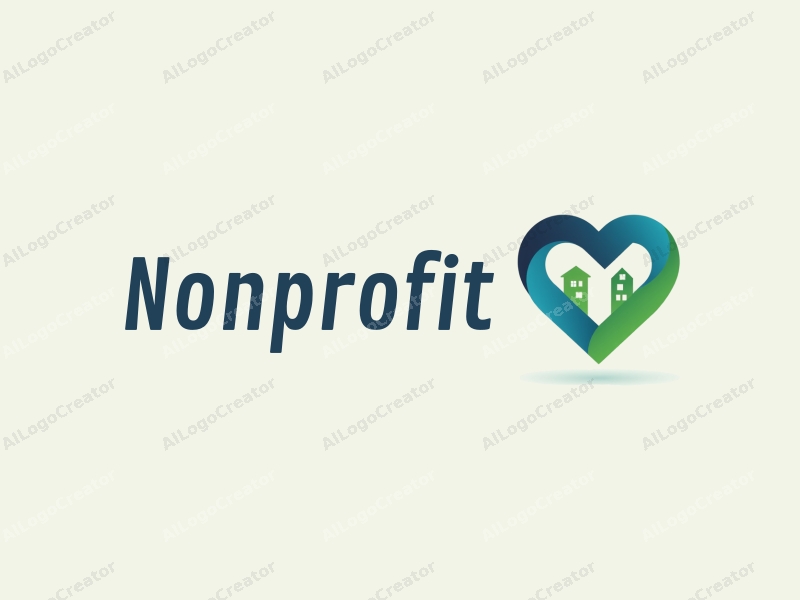 modern design features a heart shape intertwined with a house silhouette, symbolizing charity and volunteer work, using blue and green colors to convey trust and growth, combined with a clean background.