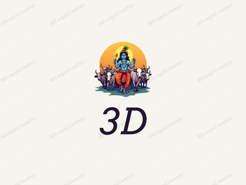 a modern design featuring a vibrant 3D Krishna figure surrounded by a dynamic herd of cows, incorporating playful and colorful elements with a clean background.