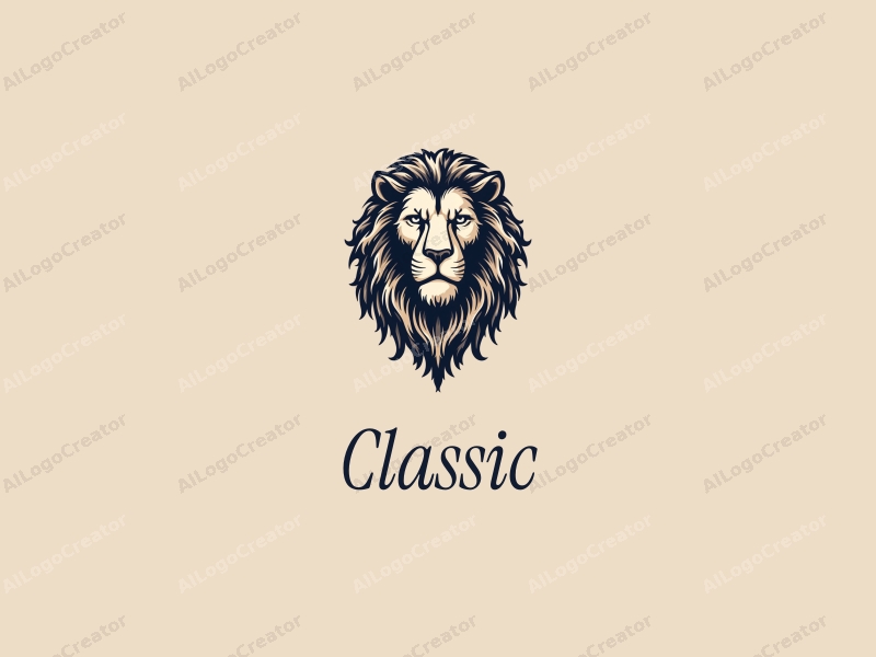 vintage design features a stylized classical lion, incorporating traditional motifs and classic elements, set against a clean background with dark and neutral color tones.