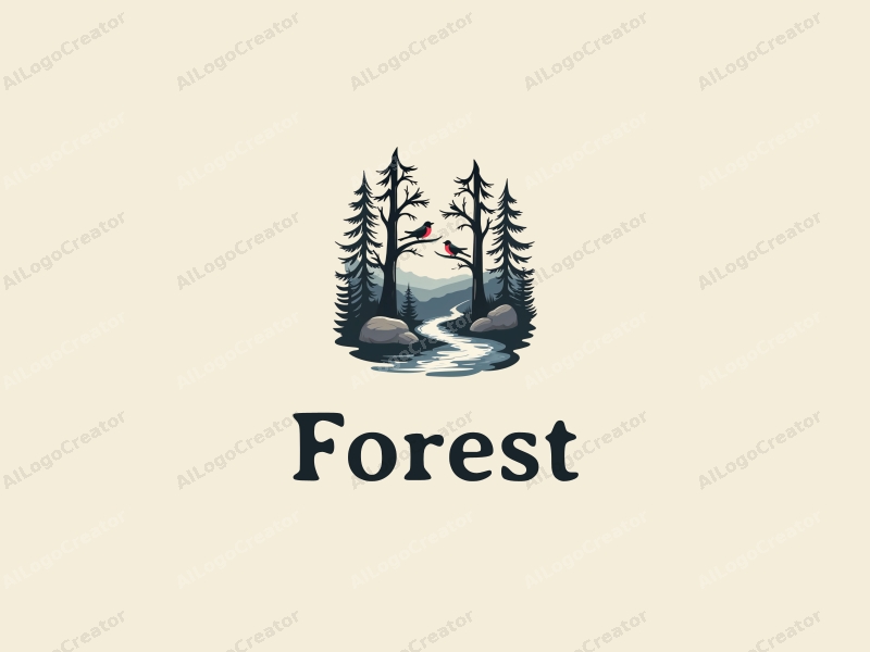 vintage design features a serene forest landscape with stylized trees, small birds perched on branches, and a flowing stream, combined with a clean background.