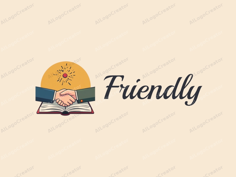 playful design features a stylized book and a handshake, combined with a clean background, emphasizing friendship and community in an educational and social context.