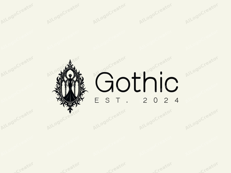 Gothic design features intricate Gothic architecture, a stylized Gothic fashion silhouette, a black rose intertwined with a spire, combined with a clean background.