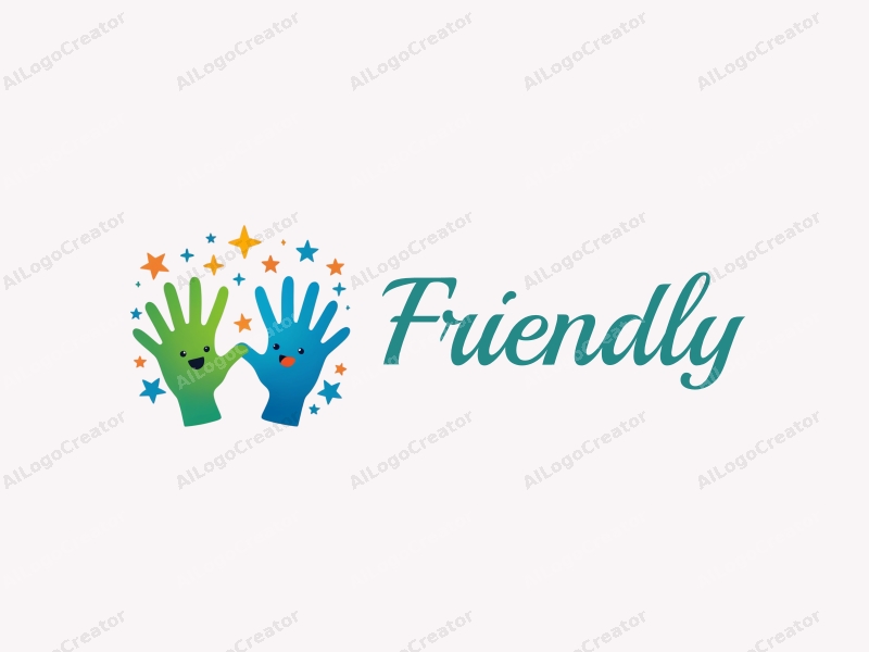 playful design features friendly hands reaching towards each other, surrounded by stars, with a vibrant blue and green color palette, creating a sense of friendship and connection against a clean background.