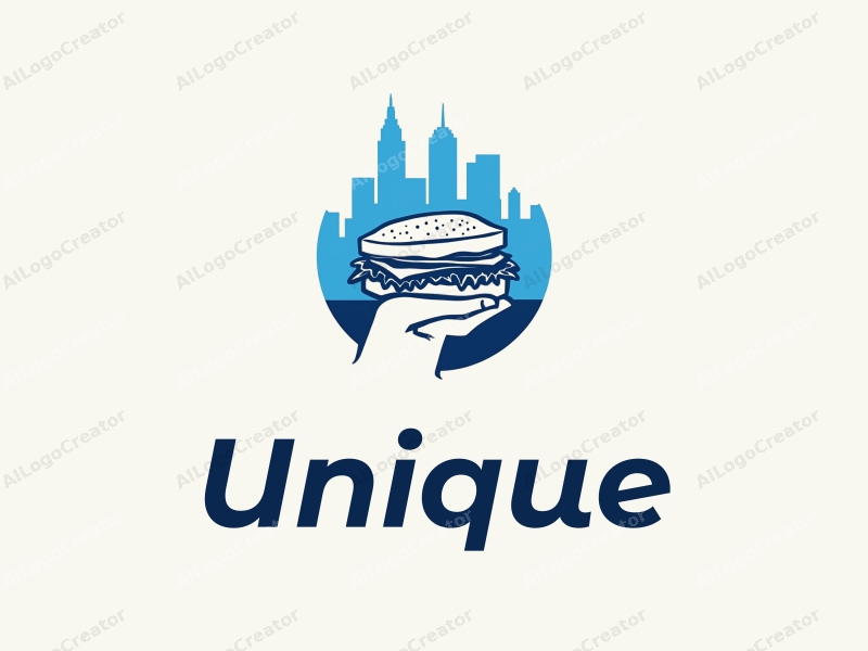 modern design features a stylized cityscape with a hand holding a sandwich, incorporating a unique and clean aesthetic with blue and white color scheme.