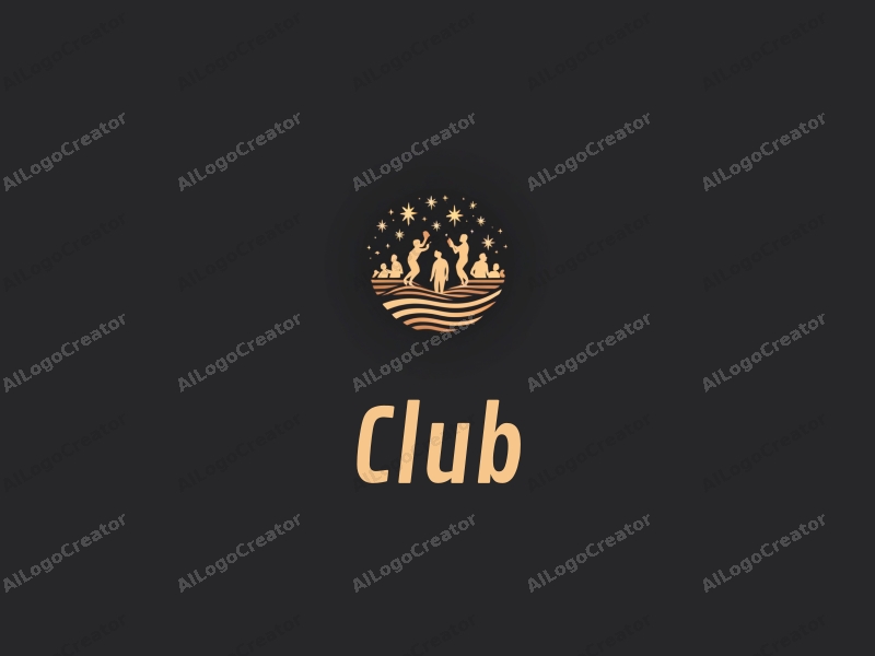 a modern minimalist design featuring a stylized club scene with abstract representations of social interaction, stars, and waves, combined with a clean black background.