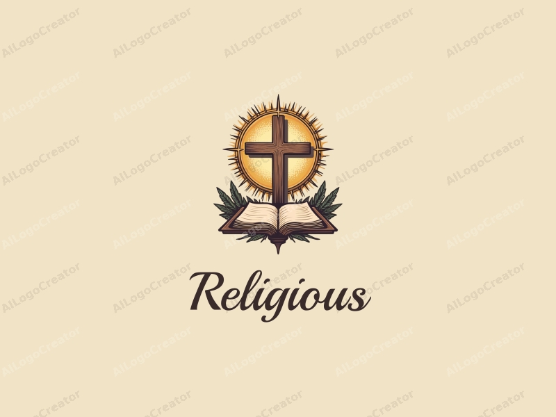 vintage design features a prominent cross, surrounded by a golden halo and an ancient scroll, combined with a clean background.