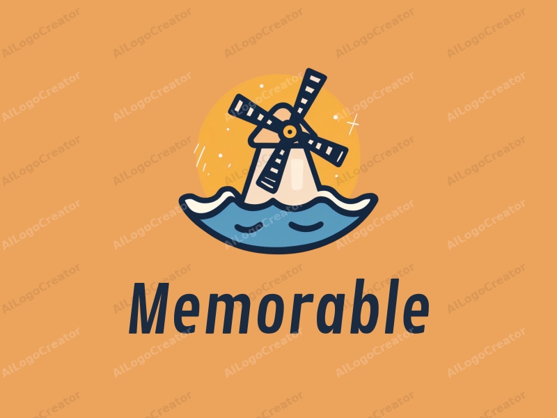 playful design features a stylized windmill and waves, incorporating iconic elements that evoke memories, combined with a clean background.