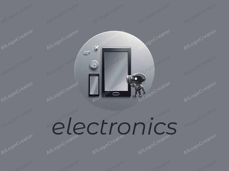 modern design features sleek electronic devices, a stylized smartphone silhouette, and a robotic figure combined with a clean silver background.