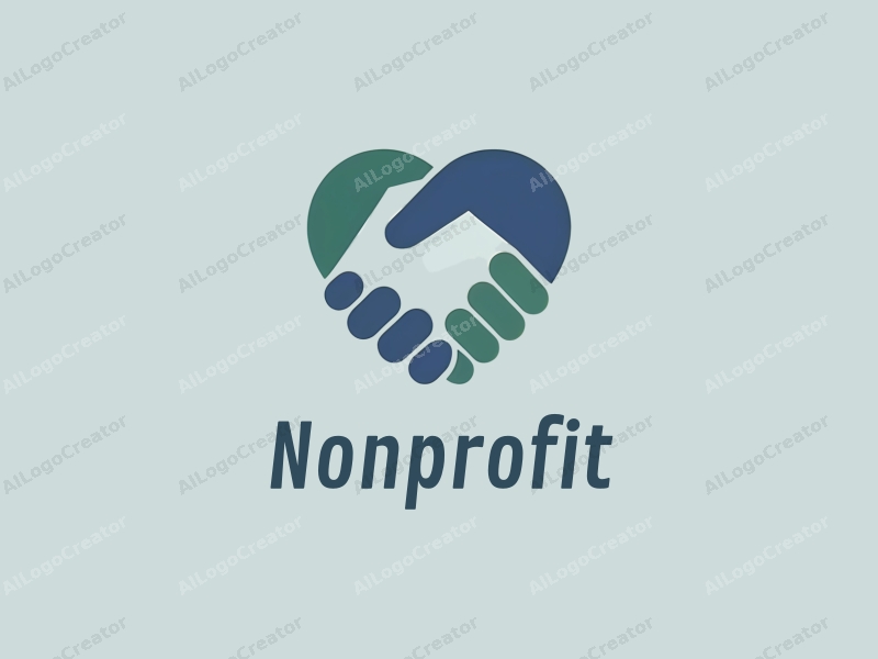 modern design features a stylized heart and handshake symbolizing charity and volunteerism, combined with a clean background in blue and green tones.