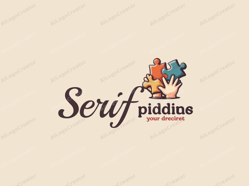 vintage design features serif fonts, a child's hand interacting with puzzle pieces, combined with a clean background.