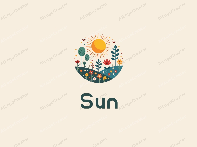 playful design features a bright sun radiating light, surrounded by whimsical flowers and trees, combined with a clean background.