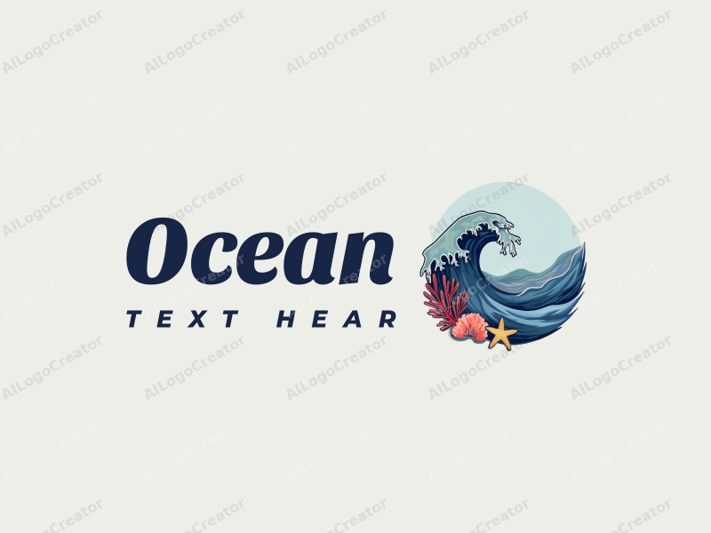 a modern design featuring stylized waves, marine life including coral and starfish, combined with a clean background and a harmonious composition.