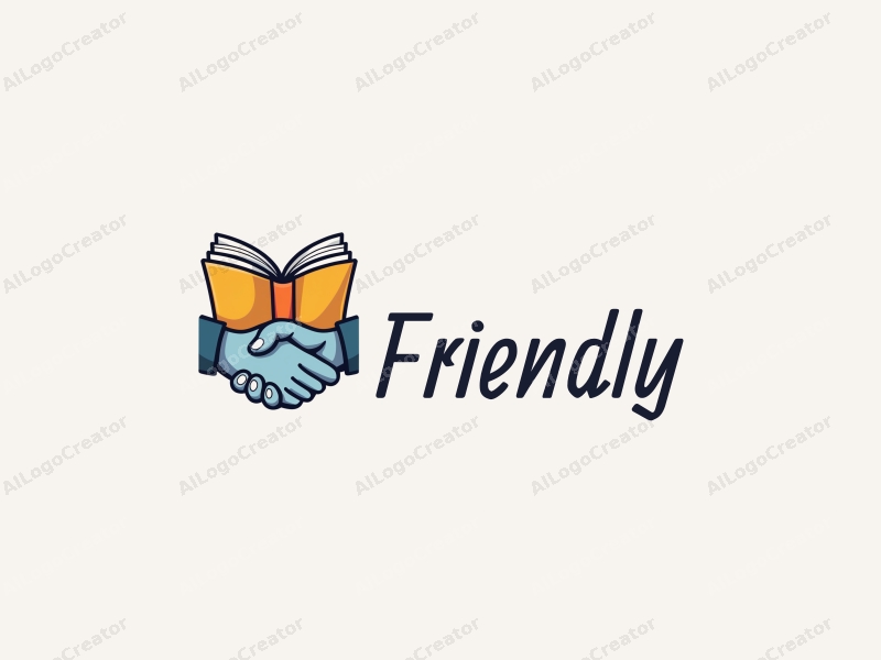 playful design features a stylized book and a handshake, combined with a clean background, emphasizing friendship and community in an educational and social context.