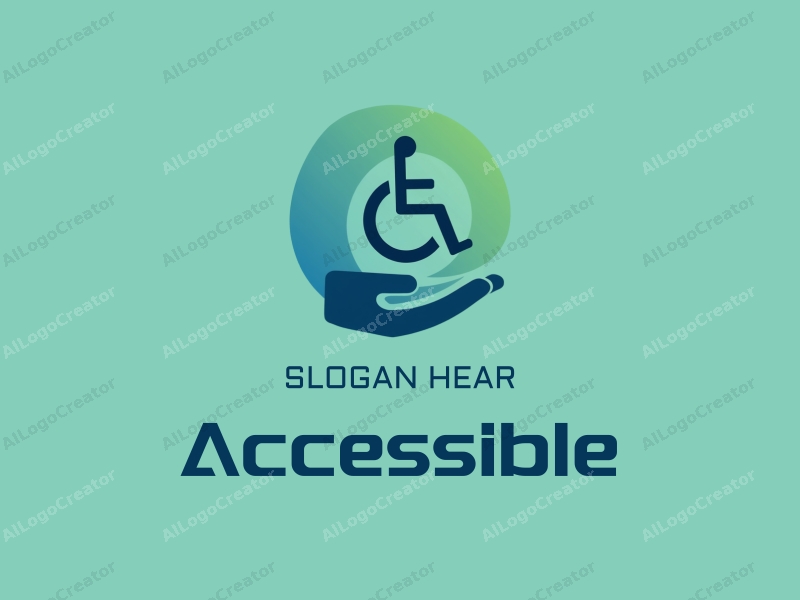 modern design features a stylized wheelchair and hand, representing accessibility and inclusive design, combined with a clean background in blue and green tones.