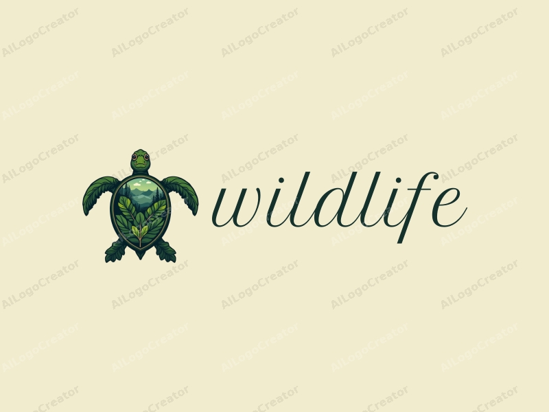 playful design features a stylized sea turtle intertwined with lush forest elements, showcasing wildlife and natural landscapes, combined with a clean background.