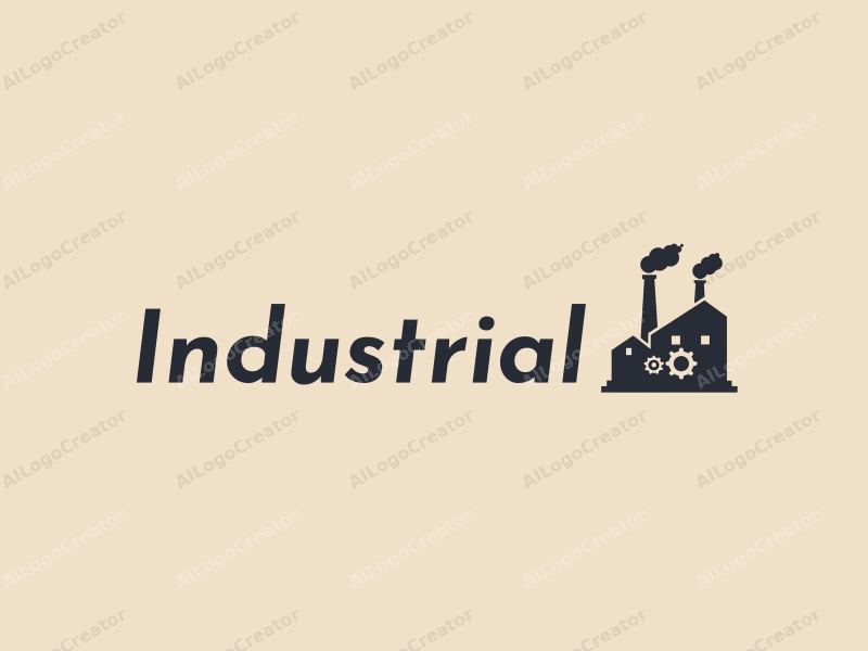 modern design features a stylized factory silhouette with gears and chimneys, utilizing a clean and simple composition with a focus on industrial elements.