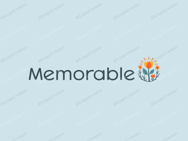 playful design features iconic symbols representing memories, stylized flowers and sunshine, combined with a clean background in blue and orange colors.