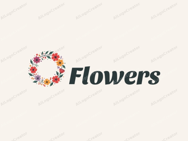 playful design features vibrant flowers and petals arranged in a circular wreath, complemented by playful leaves, all set against a clean background.