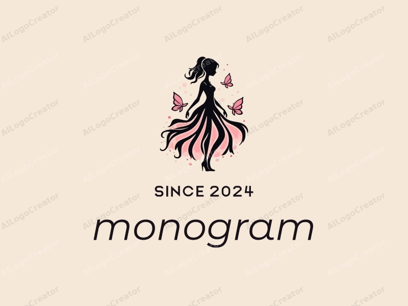 a modern and complex design featuring elegant letters intertwined with a stylized girl silhouette wearing a flowing dress, accompanied by delicate butterflies, all set against a clean background in black and pink tones.