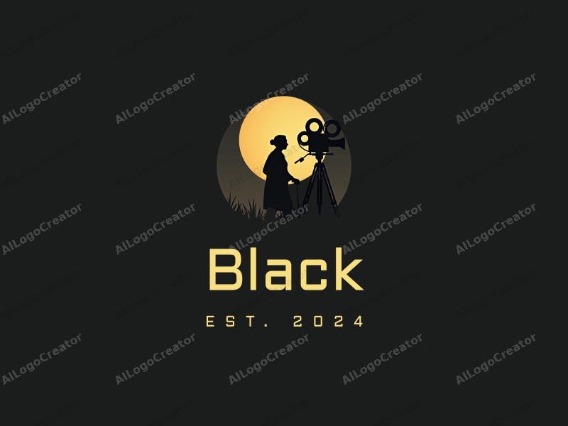 minimalist design features a silhouette of a grandmother in a night setting, combined with film-related elements like a film reel and a simple black background.