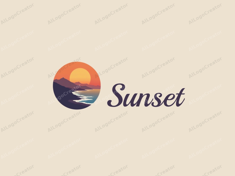 vintage design features a stylized sunset over a coastline with mountains in the background, using a harmonious blend of orange and purple colors, combined with a clean and simple composition.