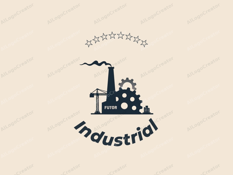 modern design features a stylized factory silhouette, interlocking gears, and a crane, combined with a clean background.