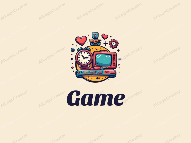 playful design features vibrant game and toy elements, a stylized watch and heart, combined with a clean background.