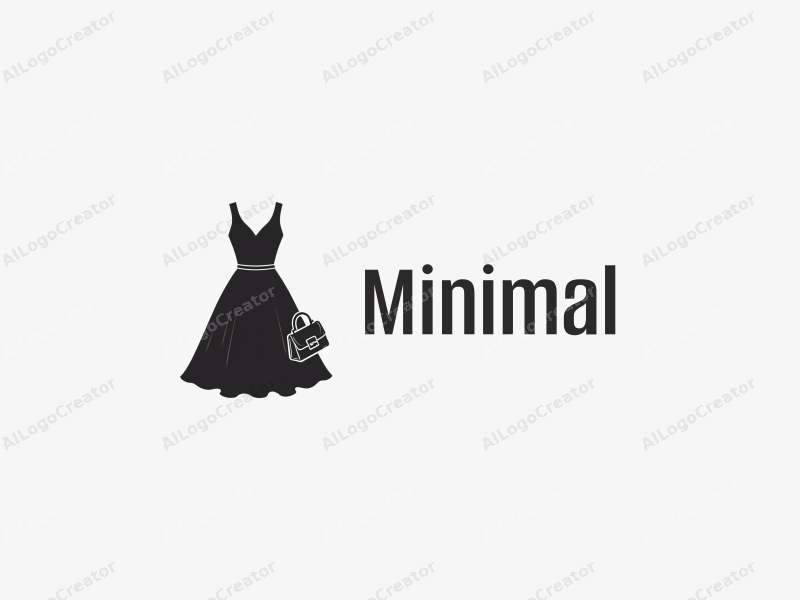 minimalist design features a stylish black dress and a chic handbag, combined with a clean background in white and gray tones, emphasizing elegance and simplicity.