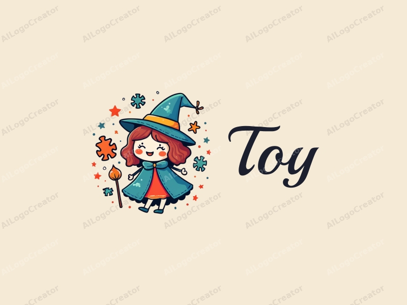 playful design features a whimsical doll and puzzle pieces, combined with a stylized wizard and stars, creating a vibrant and engaging composition against a clean background.