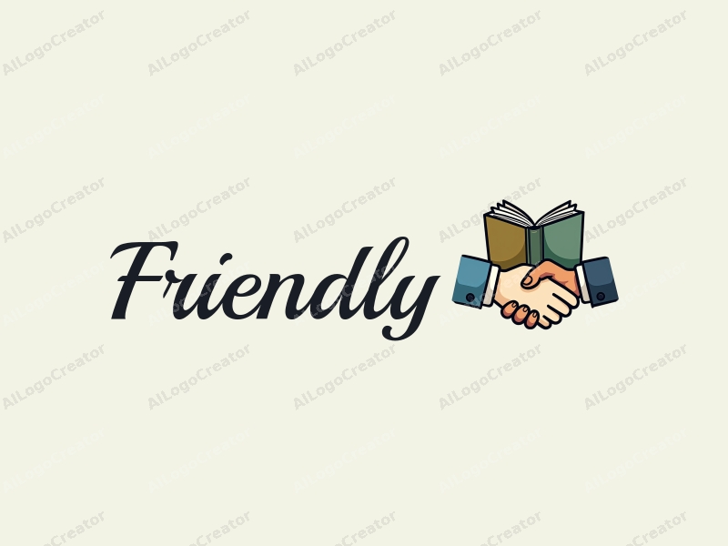 playful design features a stylized book and a handshake, combined with a clean background, emphasizing friendship and community in an educational and social context.