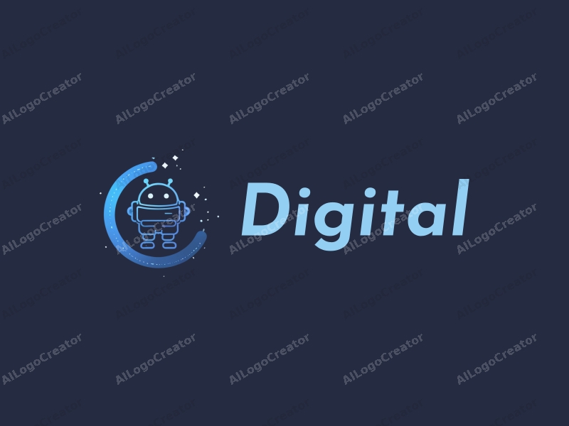 a modern minimalist design featuring a stylized robot intertwined with digital data elements, using a blue and black color palette, combined with a clean background.