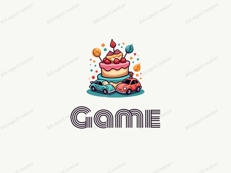 playful design features vibrant colors, a whimsical cake, a stylized toy car, and game elements combined with a clean background.