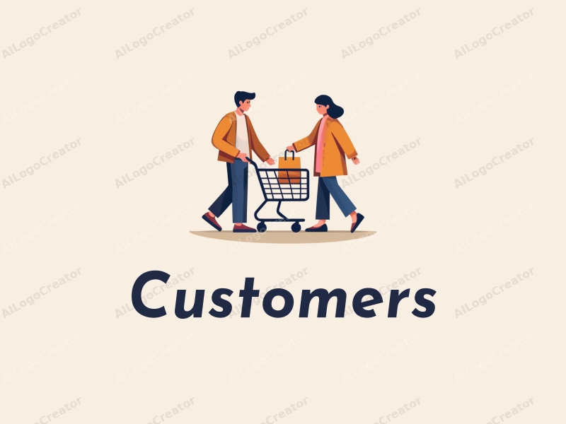 a modern design featuring a stylized customer and shopper interacting with a shopping cart and shopping bag, combined with a clean background.