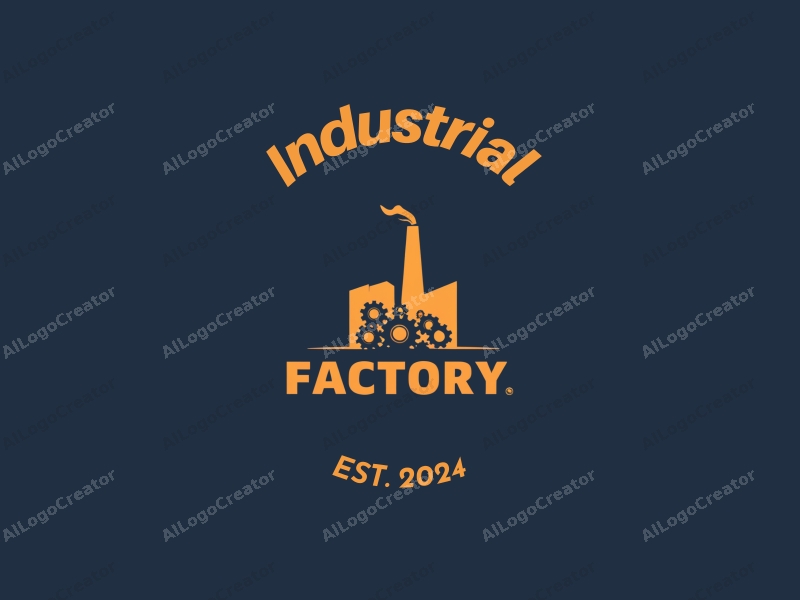 modern design features a stylized factory silhouette, interlocking gears, and an assembly line, combined with a clean background.