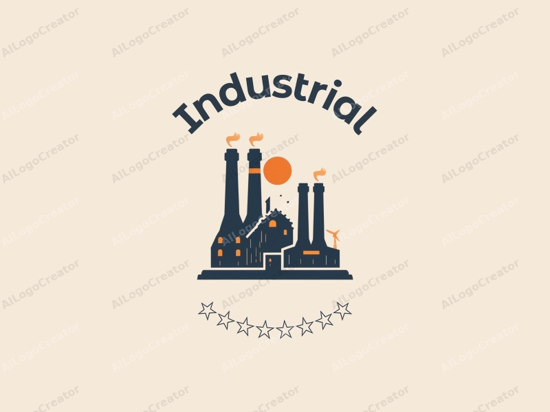 modern design features a stylized factory silhouette with gears and chimneys, utilizing a clean and simple composition with a focus on industrial elements.