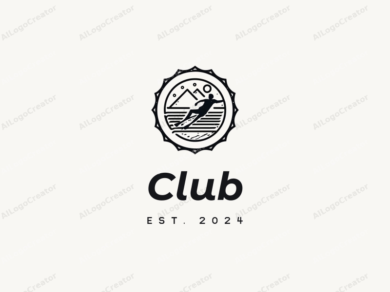 a modern minimalist design featuring abstract representations of a club and social elements, combined with stylized skiing and surfing motifs, all set against a clean black and white background.